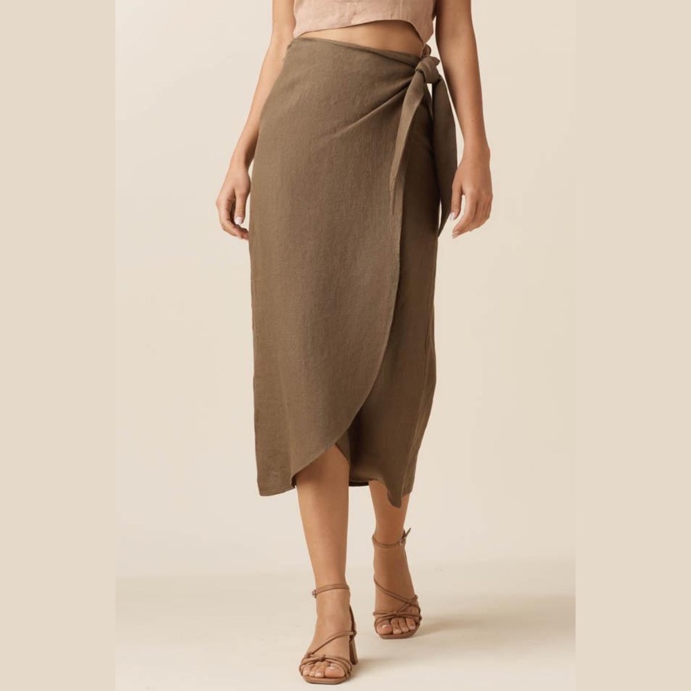 VETTA Linen Wrap Midi Skirt in Dusty Green